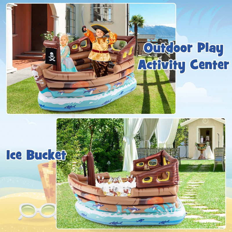 Inflatable Pirate Ship Playhouse with Built-in Motor and Inflatable Toy Sword-Brown by DirectDeals