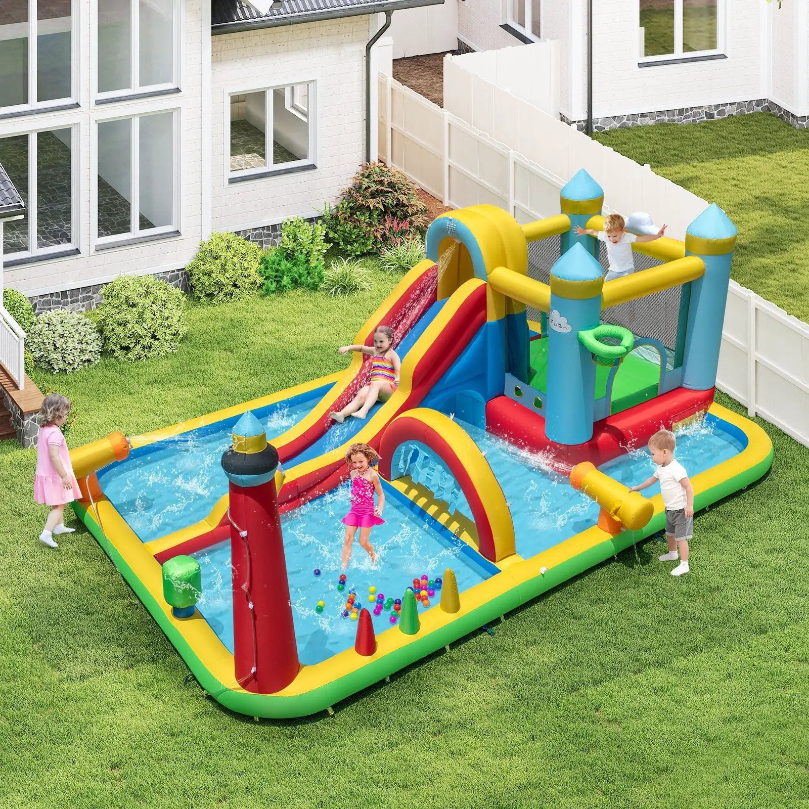 Inflatable Water Slide Giant Water Park with Long Slide 750W Blower by DirectDeals