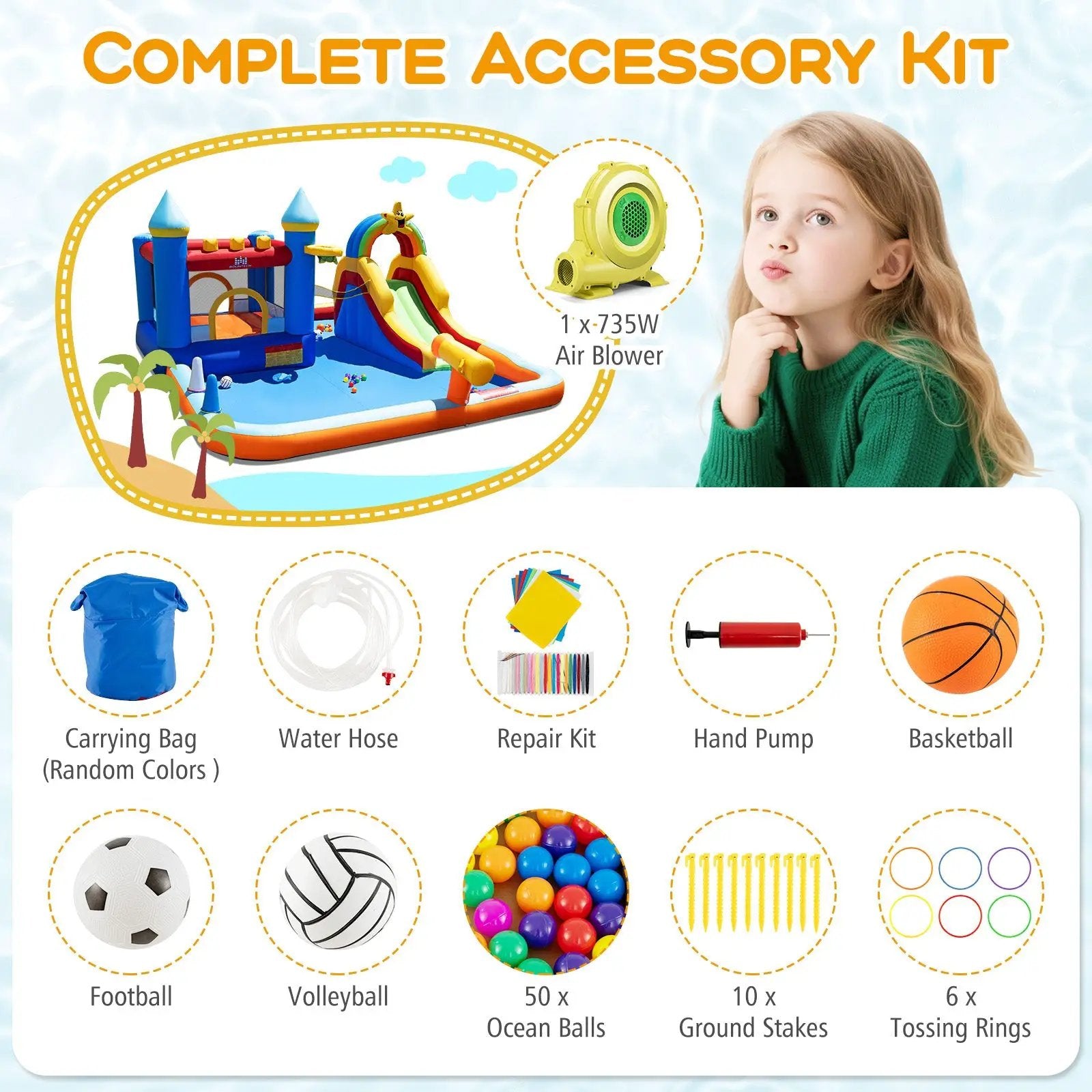 Inflatable Water Slide Park Bouncy Castle with Climbing Wall with 735W Blower by DirectDeals