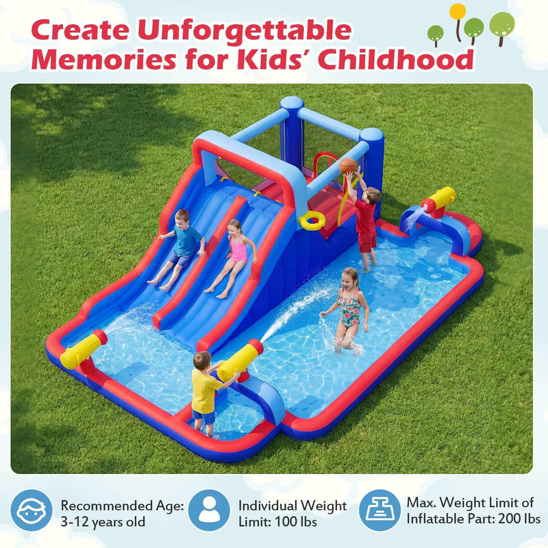 Inflatable Water Slide Park Giant Bounce House with Double Slides with 750W blower by DirectDeals