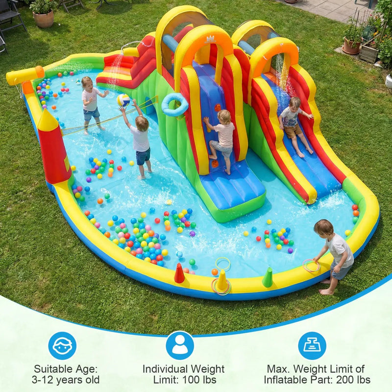 Inflatable Water Slide Park with 2 Long Slides and Climbing Walls for Yard Party by DirectDeals