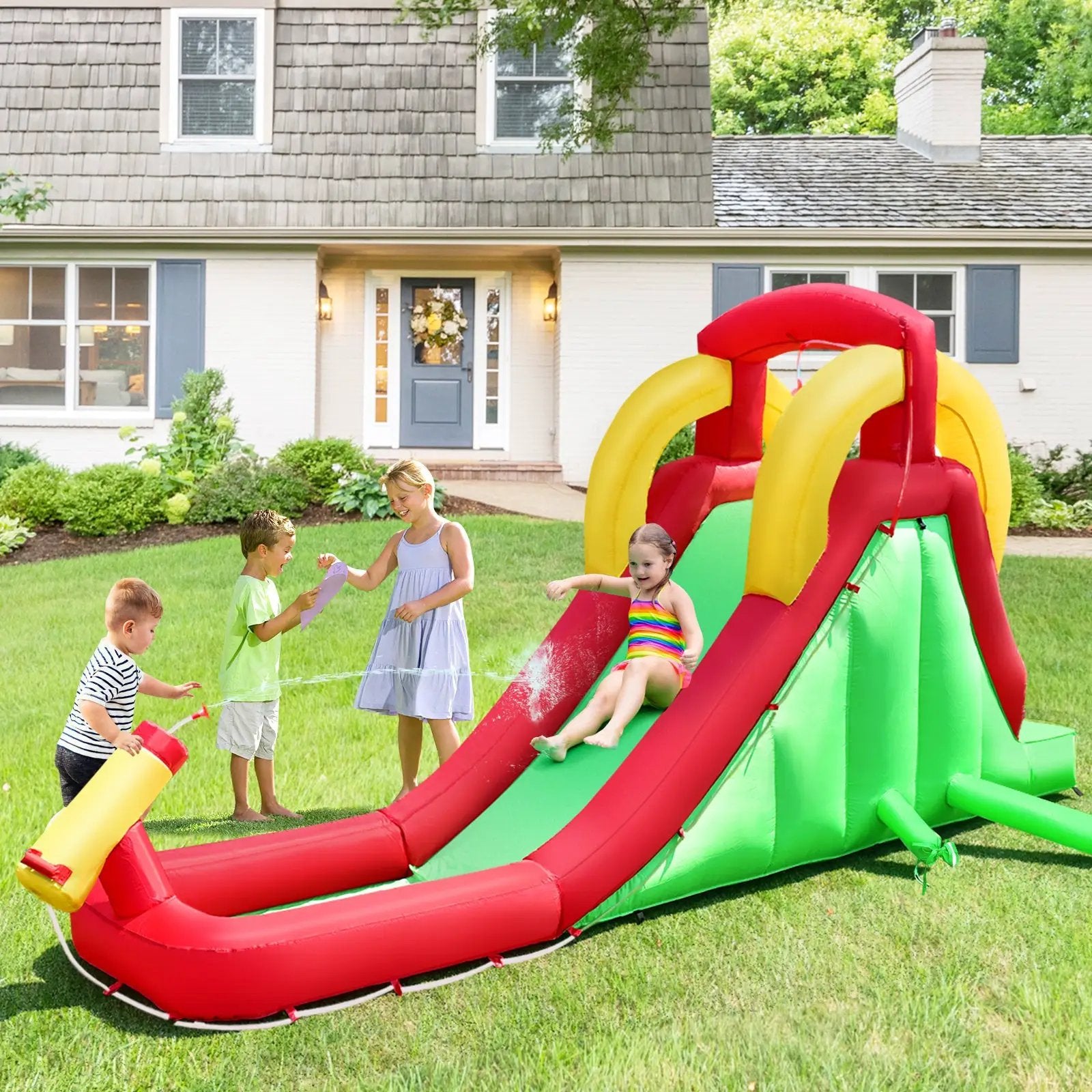 Inflatable Water Slide Bounce House with Climbing Wall and Jumper with 380W Blower by DirectDeals
