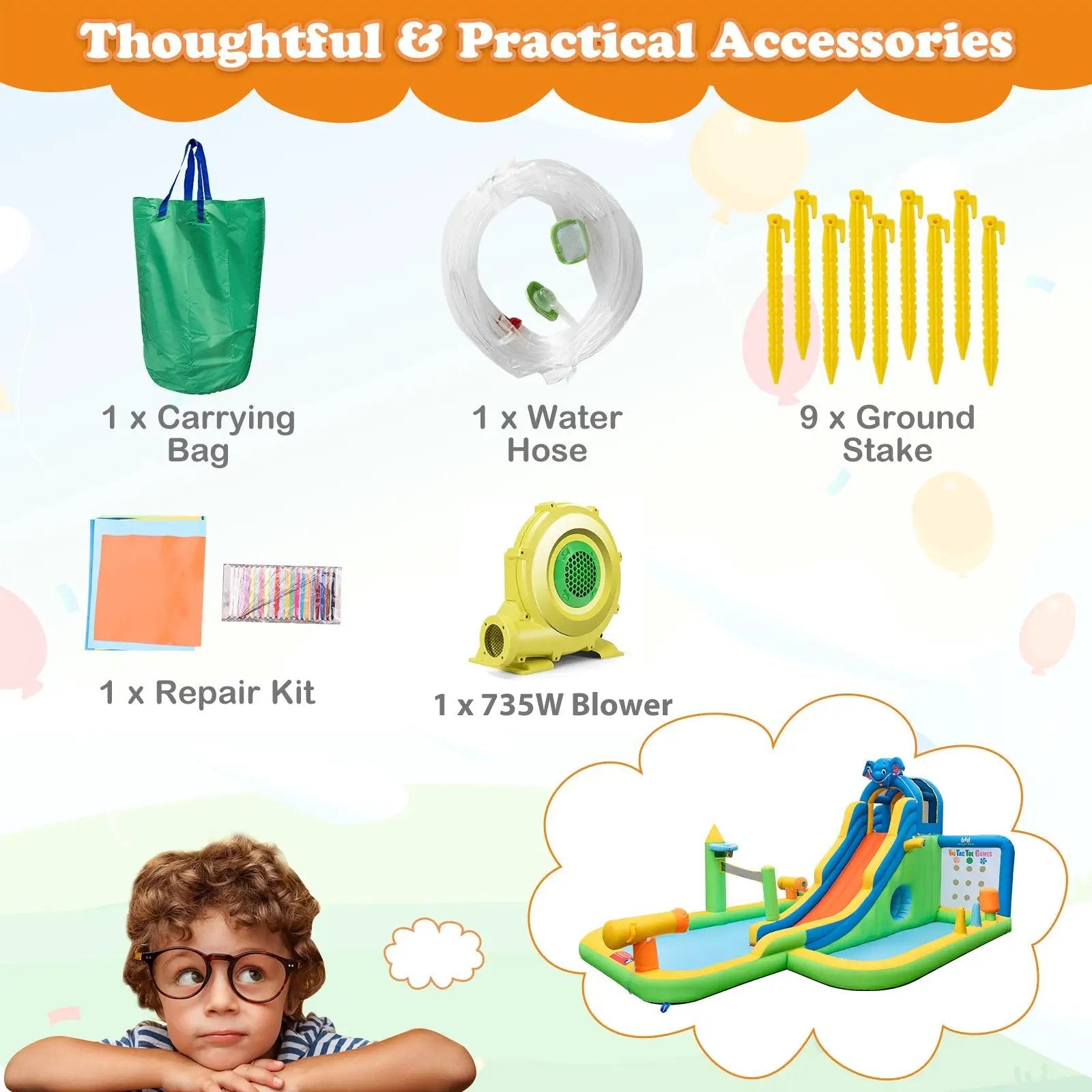 Inflatable Water Slide Giant Water Park 9-In-1 for Kids Backyard Fun with 735W Blower by DirectDeals