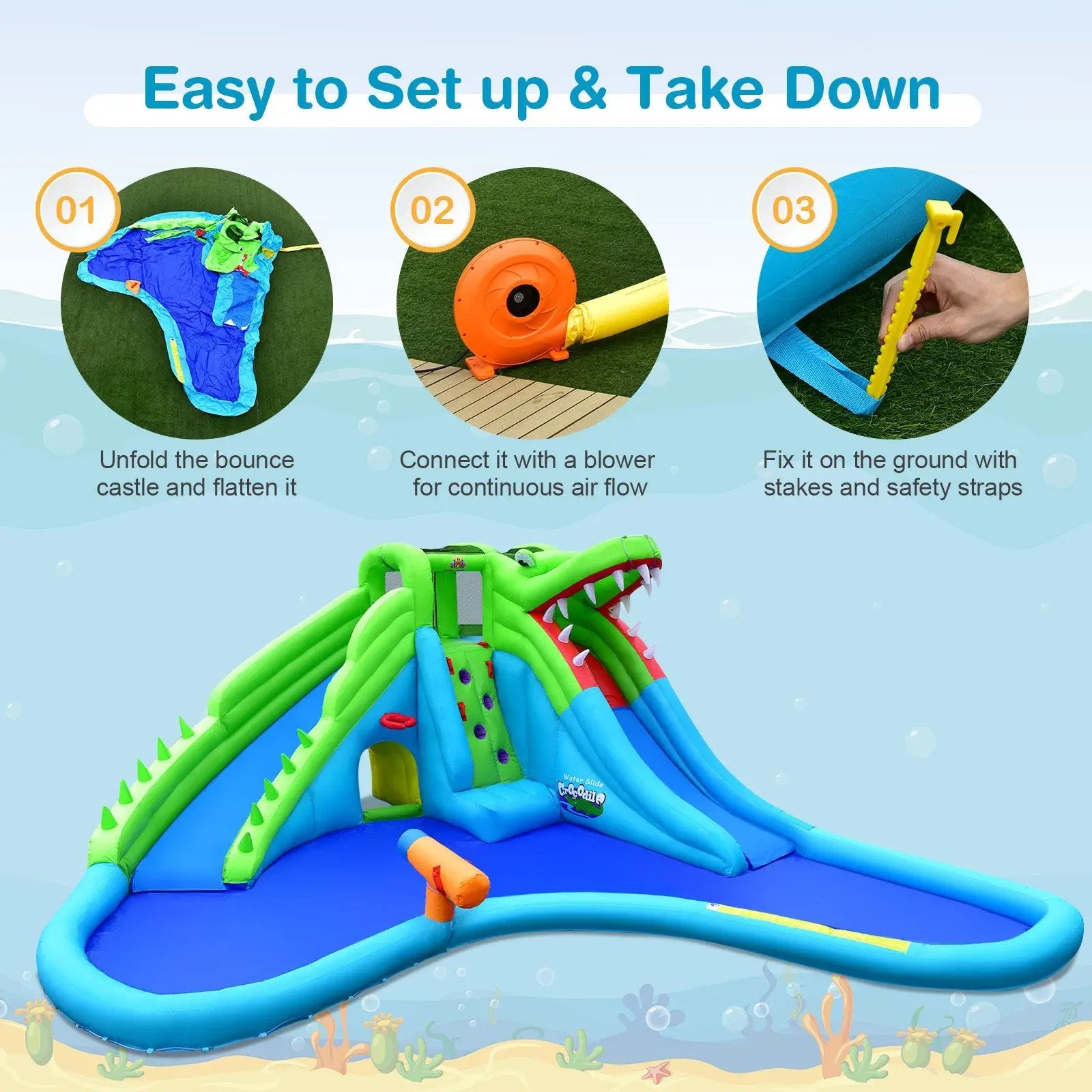Inflatable Crocodile Style Water Slide Upgraded Kids Bounce Castle with 780W Blower by DirectDeals