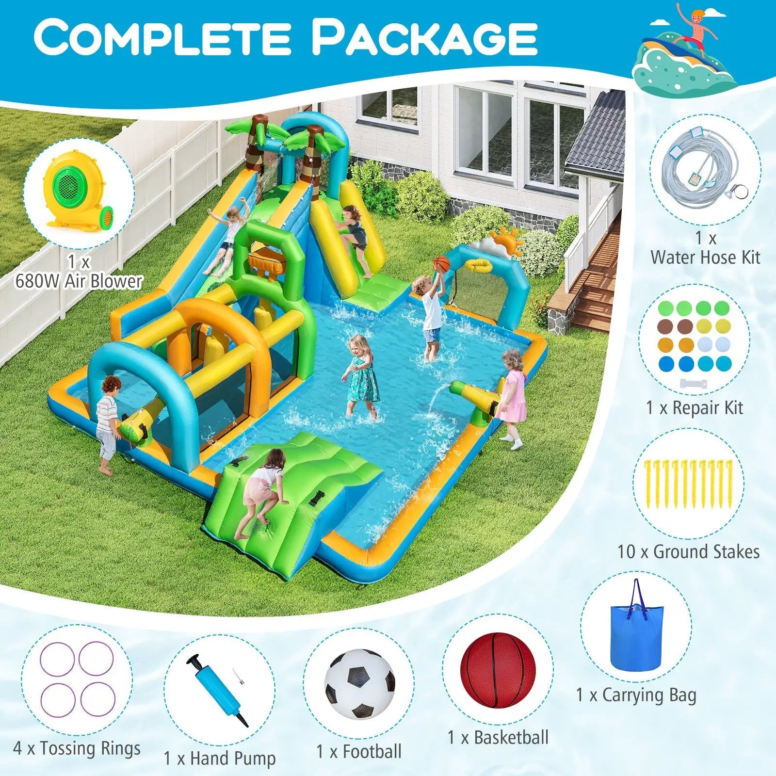 Inflatable Water Slide Tropical Theme Dual Slide Aqua Park with 680W Blower by DirectDeals