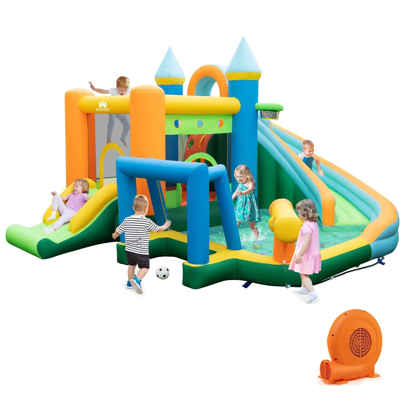 Inflatable Water Slide with Dual Slides and Splash Pool Bounce House with 680W Blower by DirectDeals