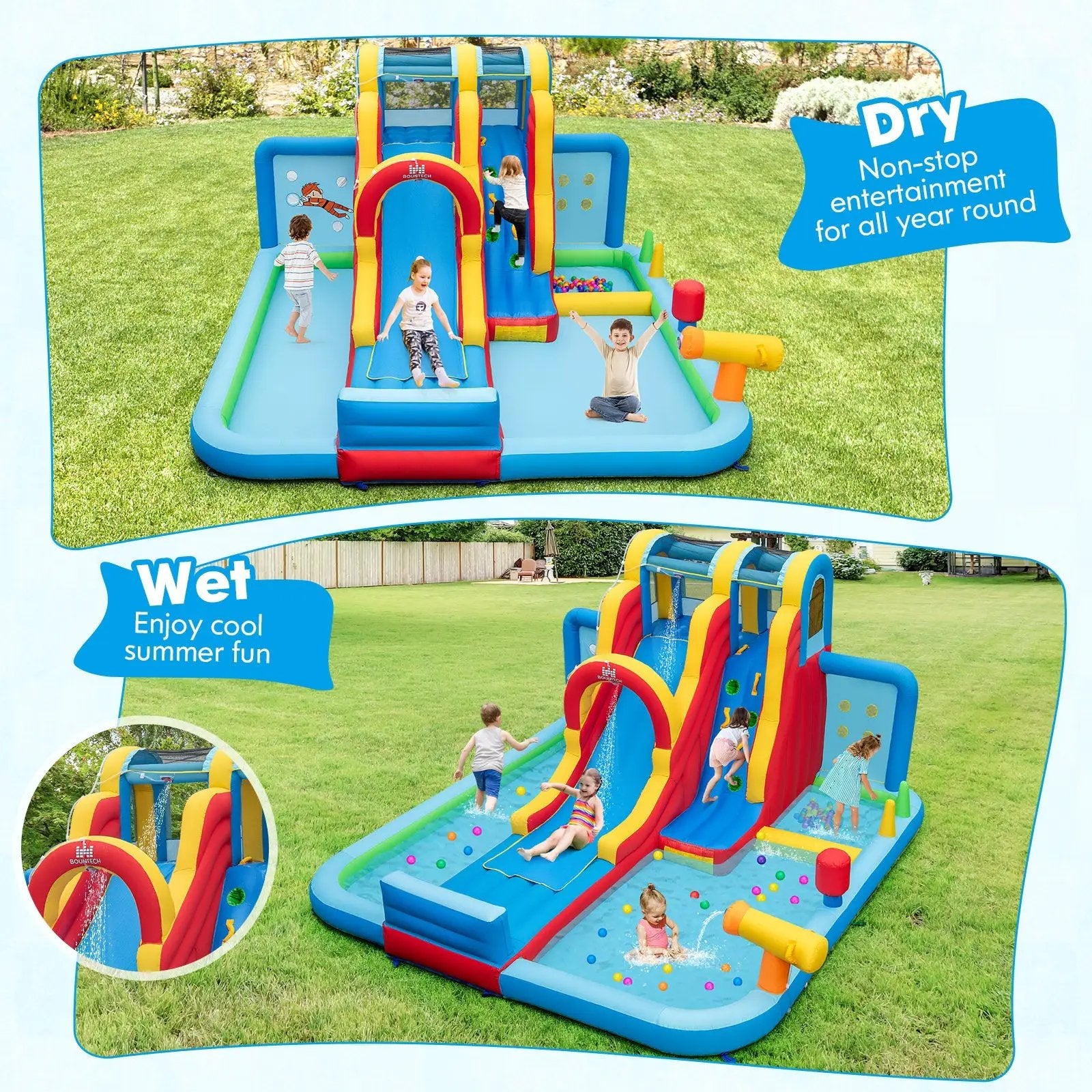 Inflatable Water Slide Water Park with Long Slide and Splash Pools and Ball Pit with 735W Blower by DirectDeals
