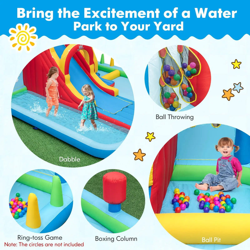 Inflatable Water Slide Water Park with Long Slide and Splash Pools and Ball Pit with 735W Blower by DirectDeals