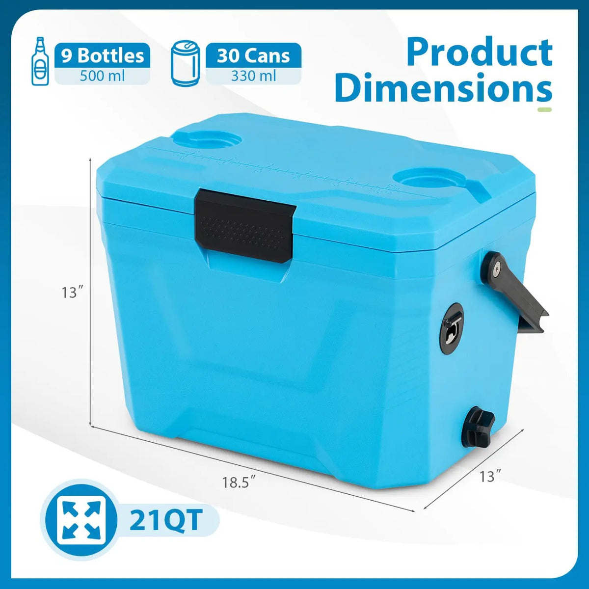 Insulated Portable Cooler Hard Shell Ice Chest with 2 Cup Holders by DirectDeals