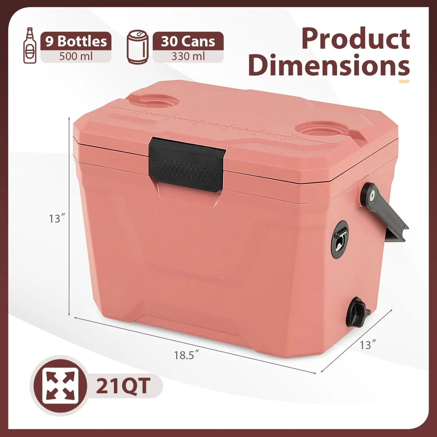 Insulated Portable Cooler Hard Shell Ice Chest with 2 Cup Holders by DirectDeals