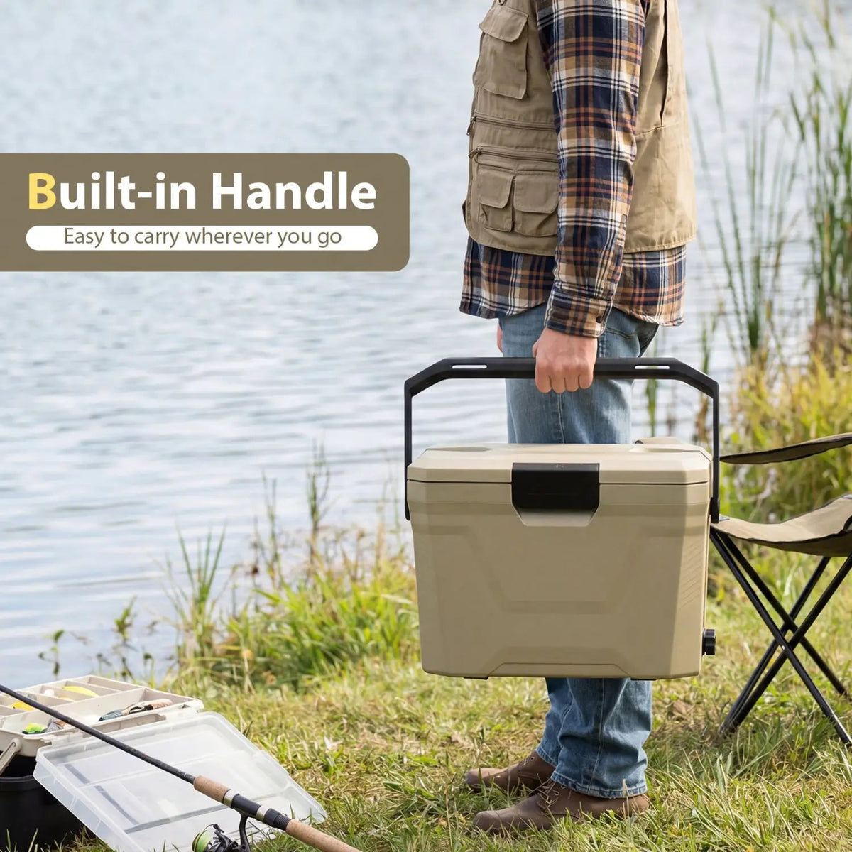 Insulated Portable Cooler Hard Shell Ice Chest with 2 Cup Holders by DirectDeals