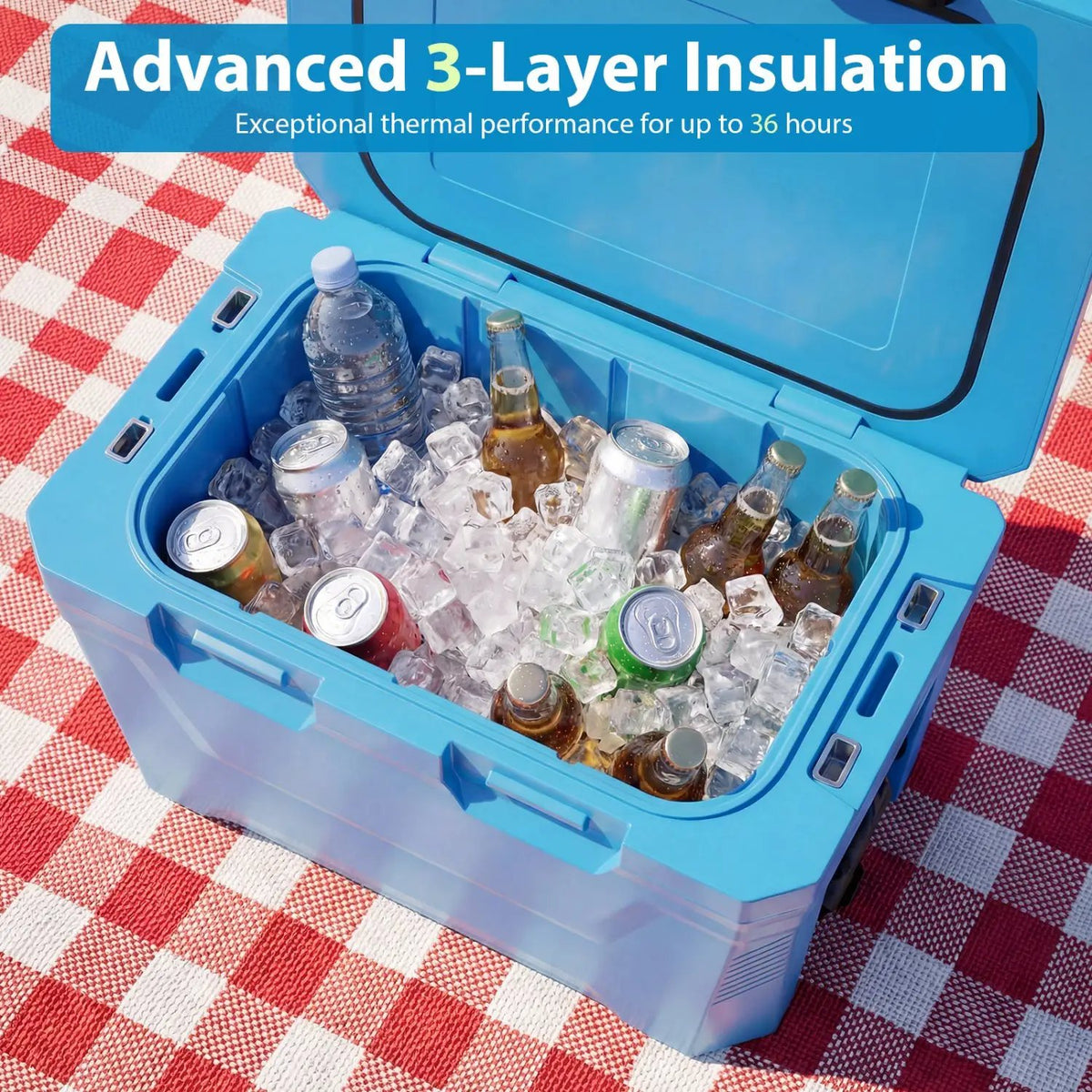 Insulated Portable Cooler Hard Shell Ice Chest with 2 Cup Holders Bottle Opener and Drain Plug by DirectDeals