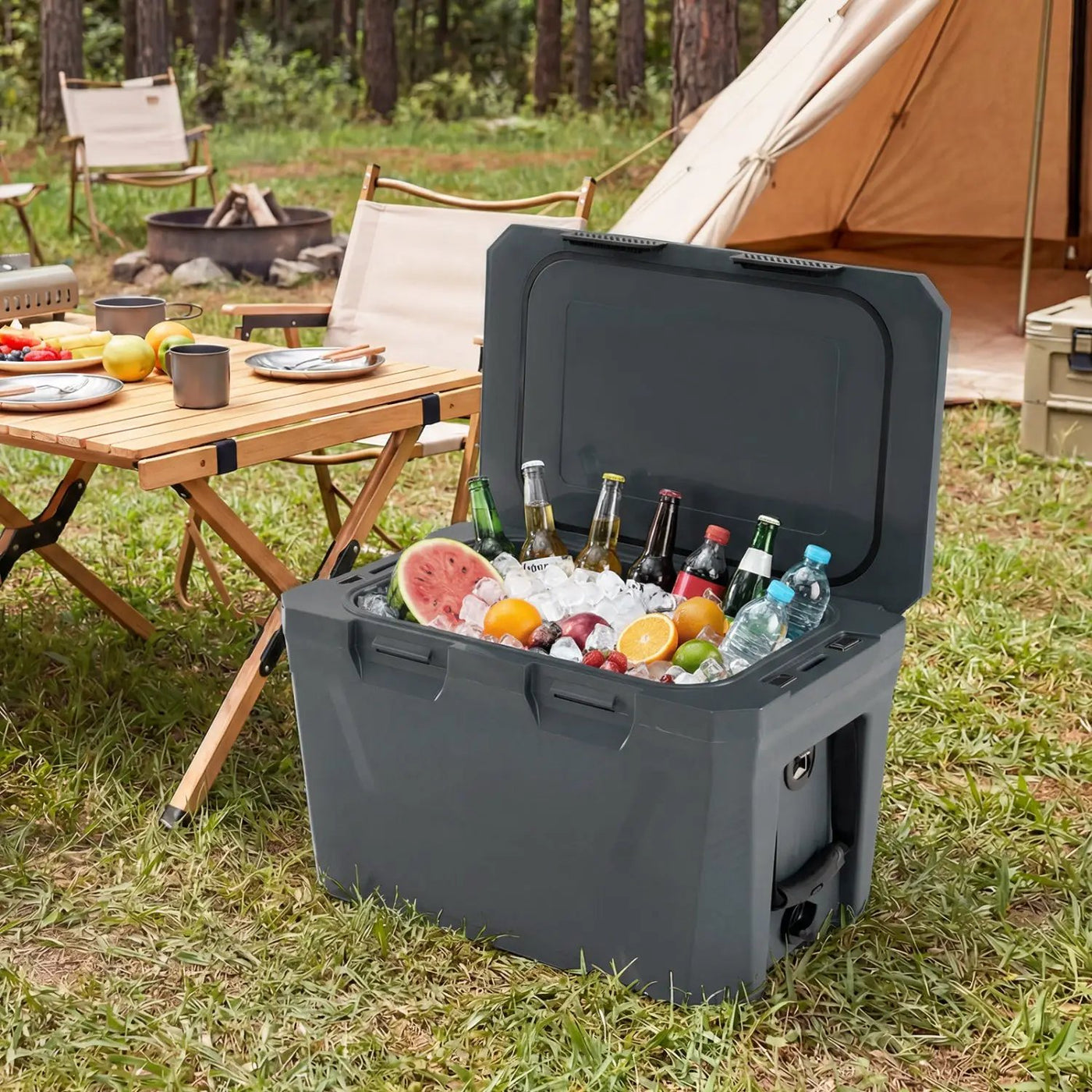 Insulated Portable Cooler Hard Shell Ice Chest with 2 Cup Holders Bottle Opener and Drain Plug by DirectDeals