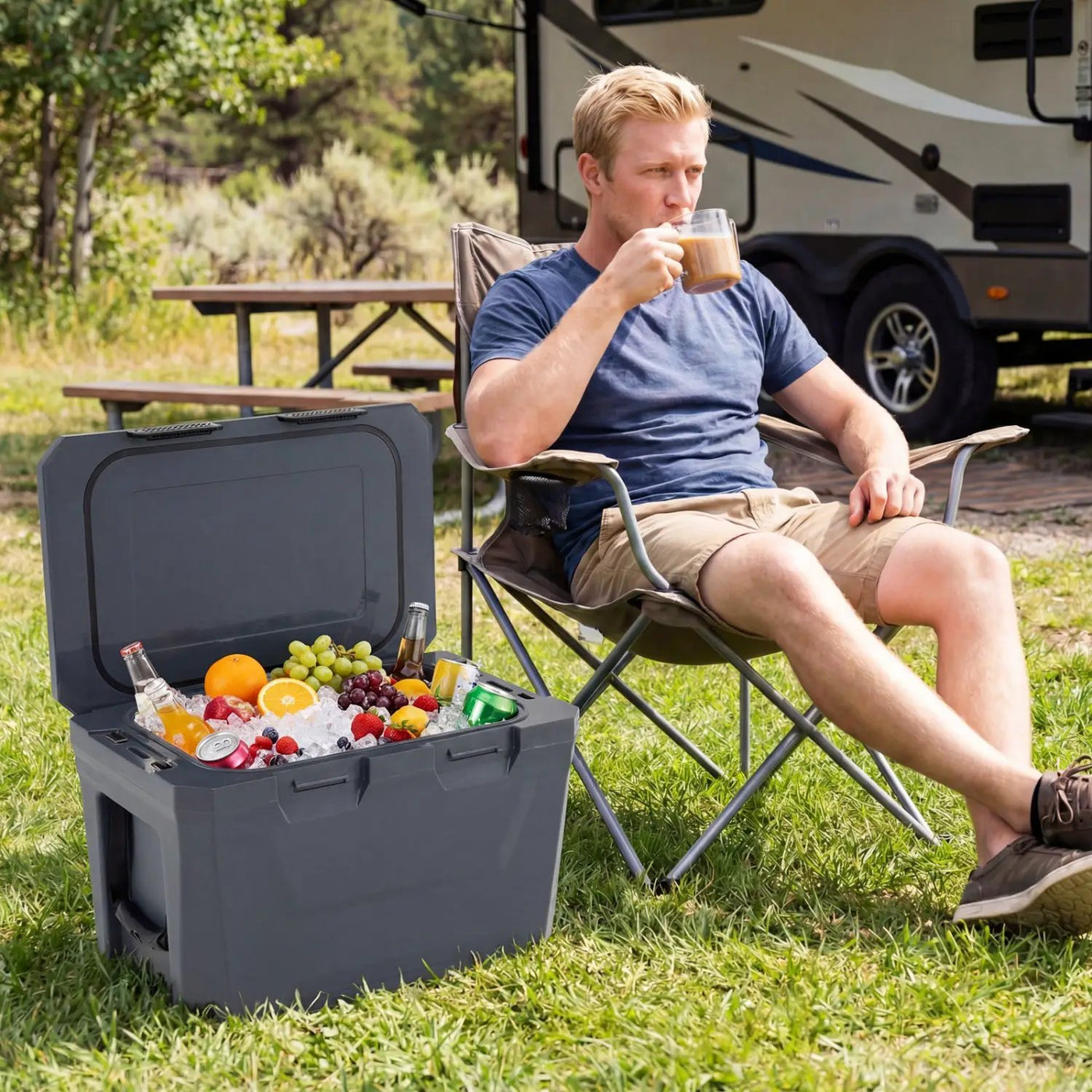 Insulated Portable Cooler Hard Shell Ice Chest with 2 Cup Holders Bottle Opener and Drain Plug by DirectDeals