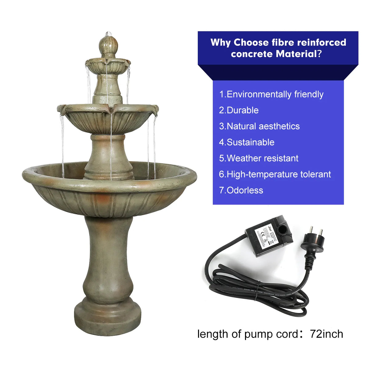 Concrete Fluted 3 Tier Outdoor Water Fountain 51 Inch, photo 3 of 4
