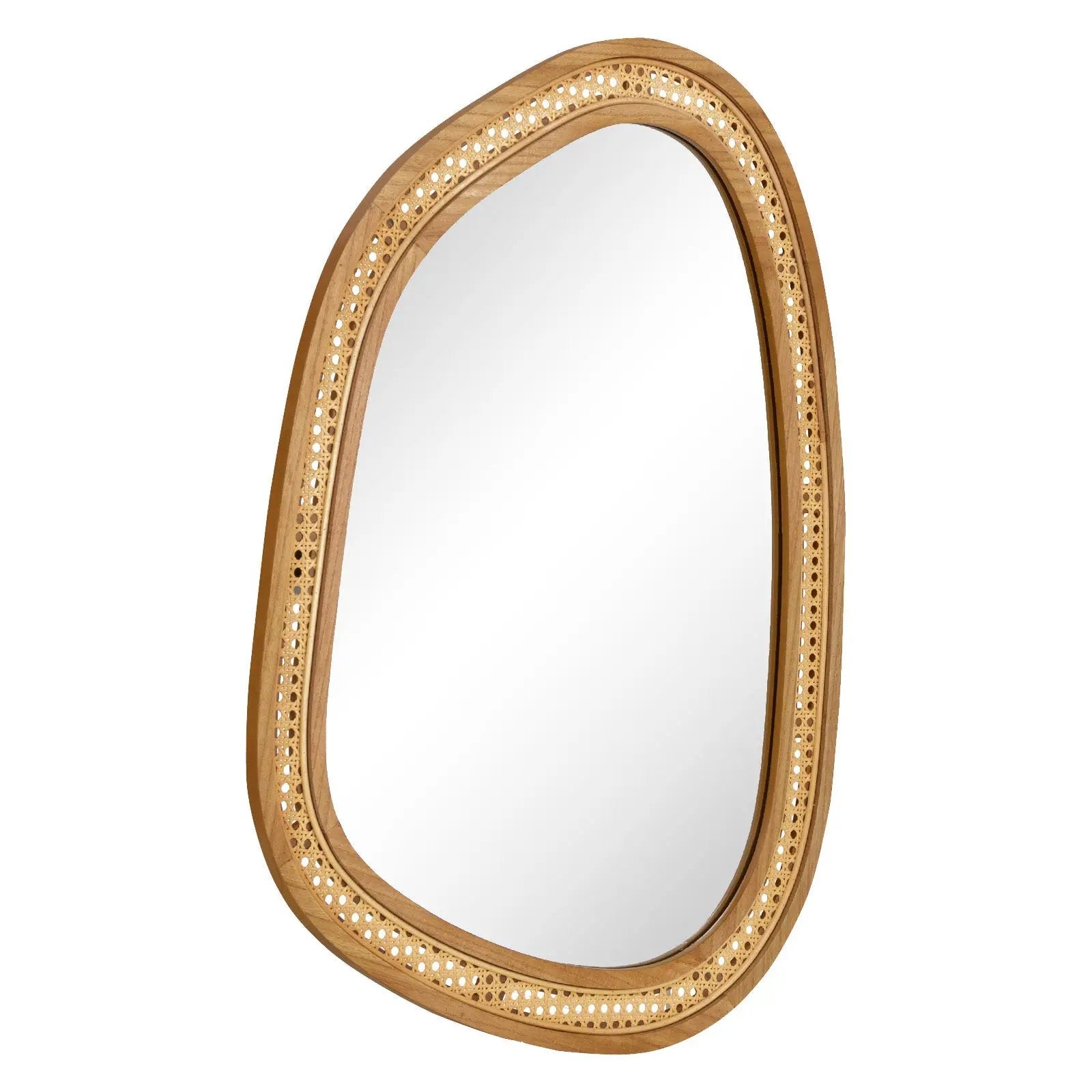 33 Inches x 23.5 Inches Irregular PVC Rattan Wall Mirror with Wooden Frame-Natural by DirectDeals
