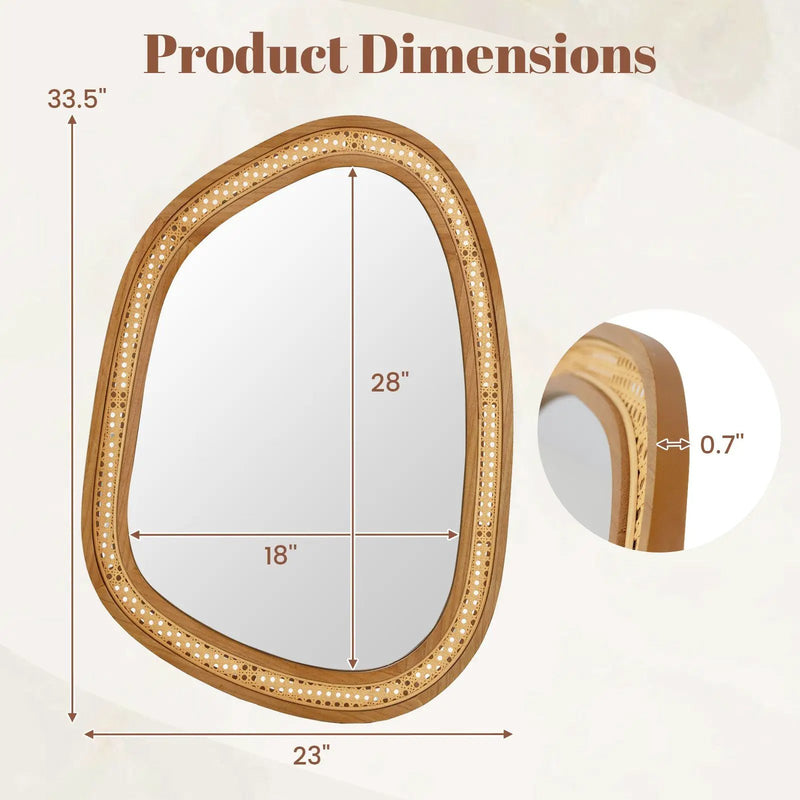 33 Inches x 23.5 Inches Irregular PVC Rattan Wall Mirror with Wooden Frame-Natural by DirectDeals