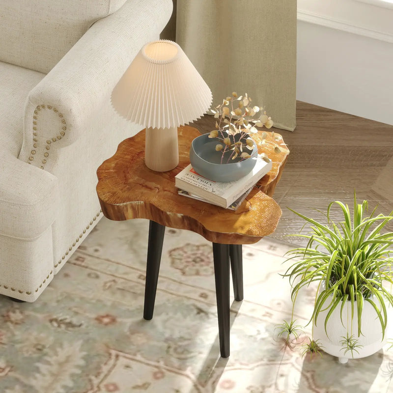 Irregular Solid Teak Wood End Table with Mahogany Tapered Legs by DirectDeals