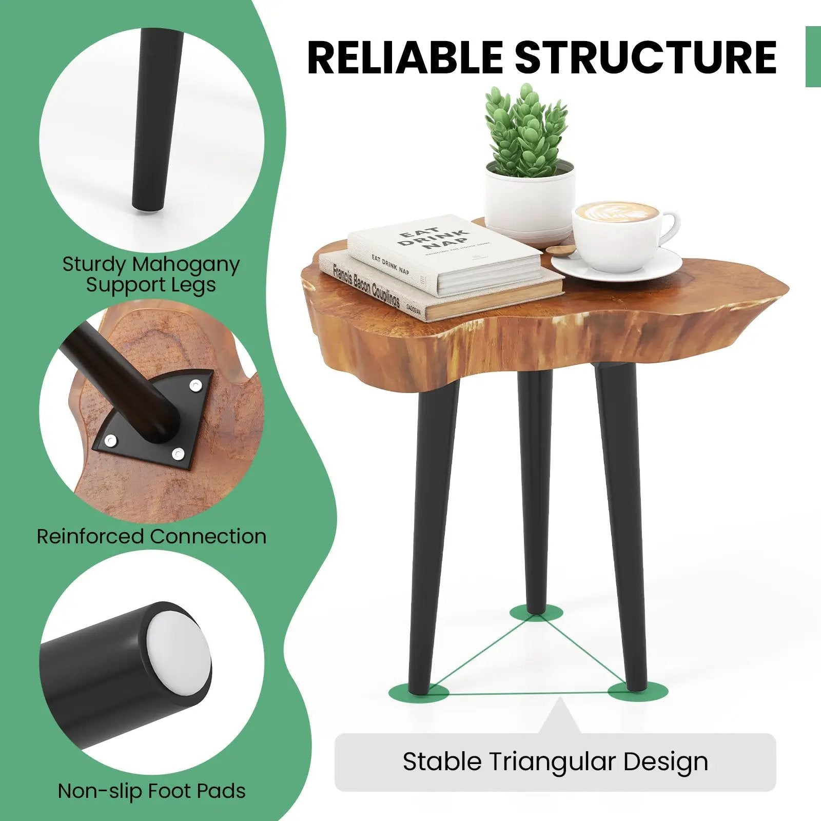 Irregular Solid Teak Wood End Table with Mahogany Tapered Legs by DirectDeals