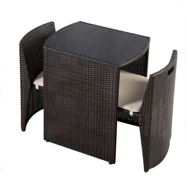 3 Piece Compact Espresso/White Wicker Patio Cushioned Outdoor Chair Table Set by HomePacific