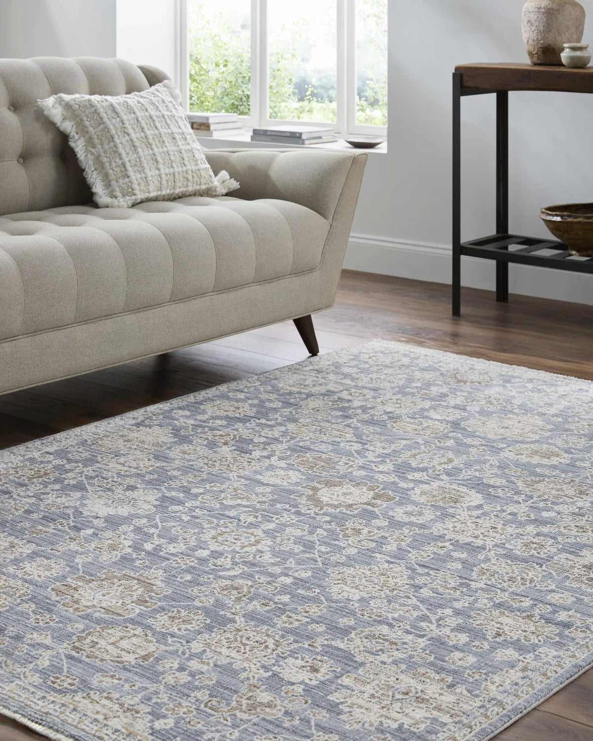 Urara Blue Area Rug, installed in a room