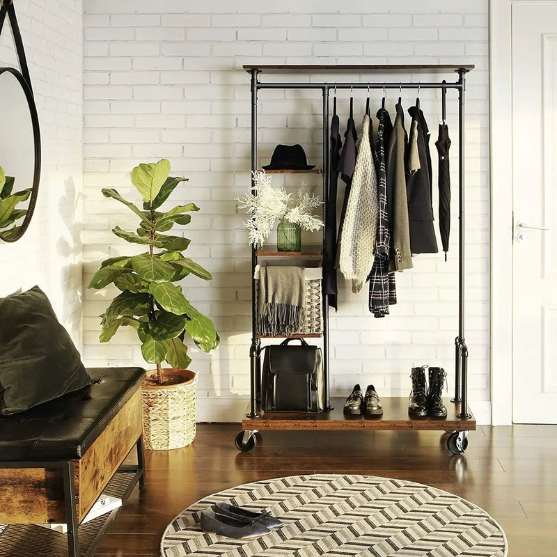 Farmhouse 5 Tier Laundry Pipe Garment Closet Rack Wheels by HomePacific