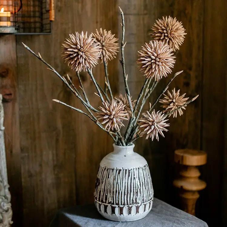 Round Camel Color Ball Flower on Twig Stem 34" Tall by RusticReach