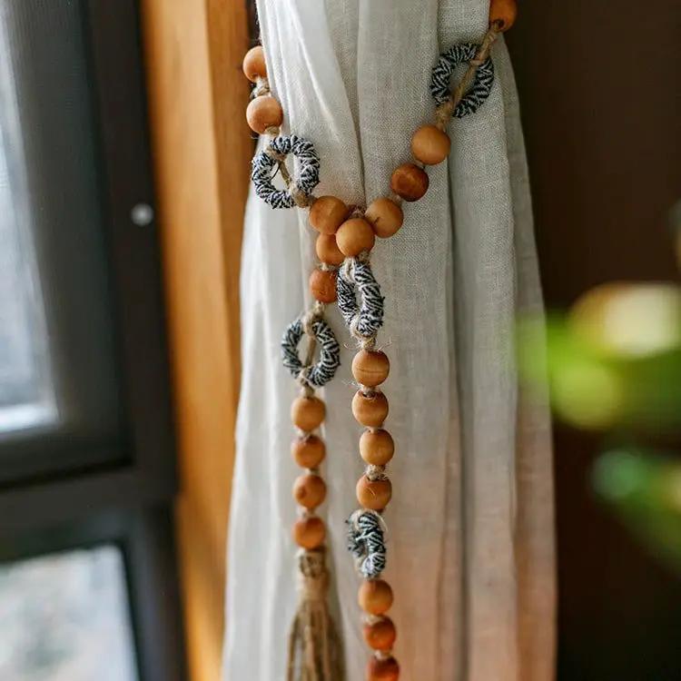 Wood Beaded Cord Curtain Tiebacks DIY Door Curtain 47" Long by RusticReach