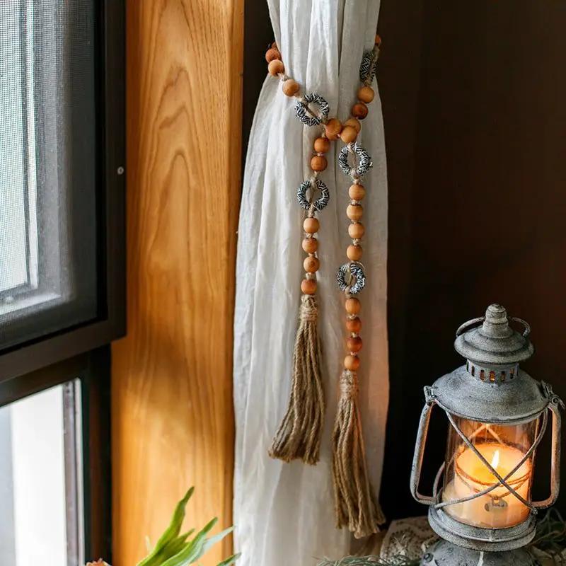Wood Beaded Cord Curtain Tiebacks DIY Door Curtain 47" Long by RusticReach