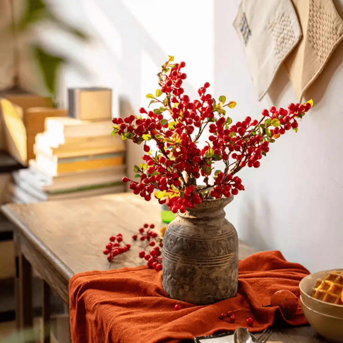 Artificial Fruit Berry Stem in Red 17" Tall Silk Plant by RusticReach