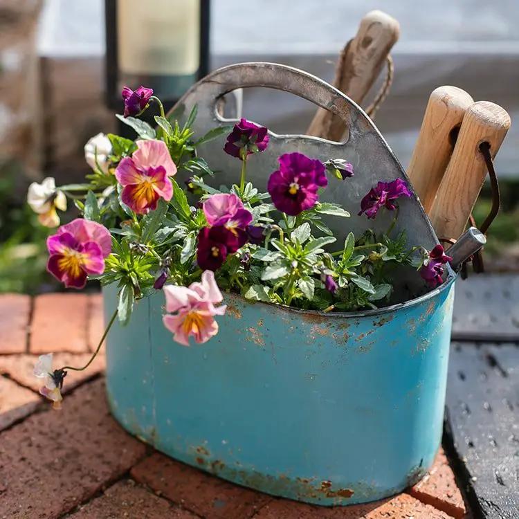 Blue Metal Basket Tool Organizer Flower Garden by RusticReach