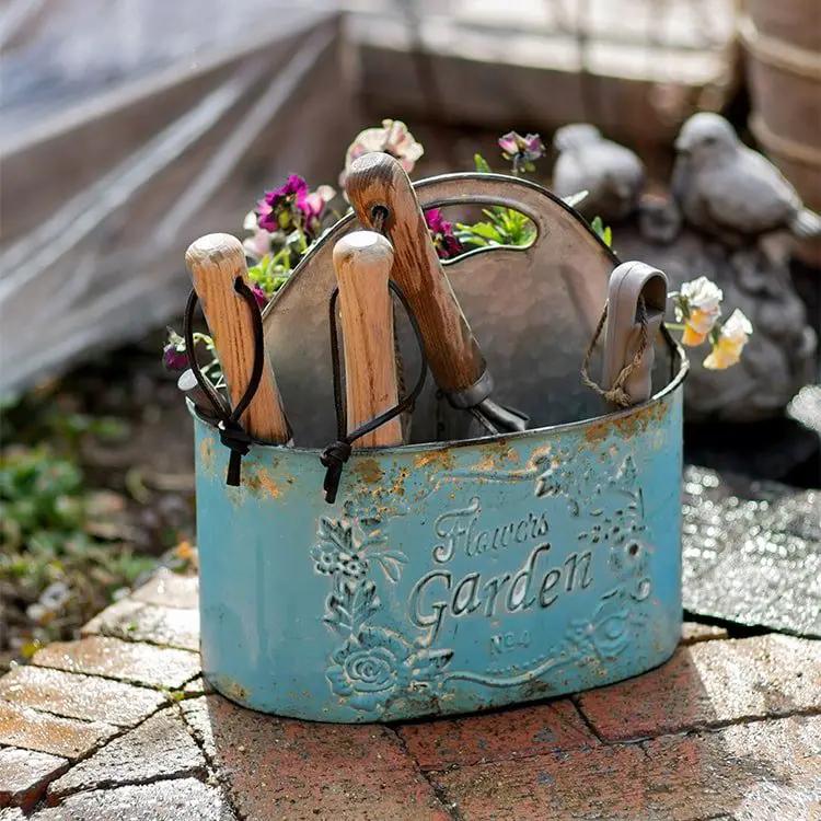 Blue Metal Basket Tool Organizer Flower Garden by RusticReach