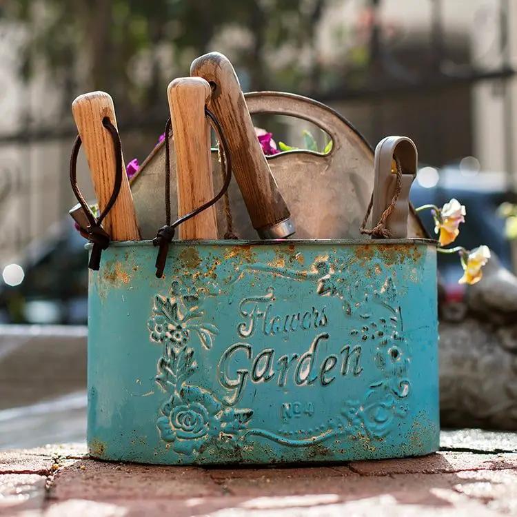 Blue Metal Basket Tool Organizer Flower Garden by RusticReach