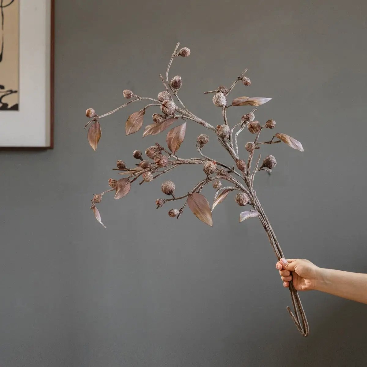 Brown Faux Pod Branch with Leaves 43" Tall by RusticReach