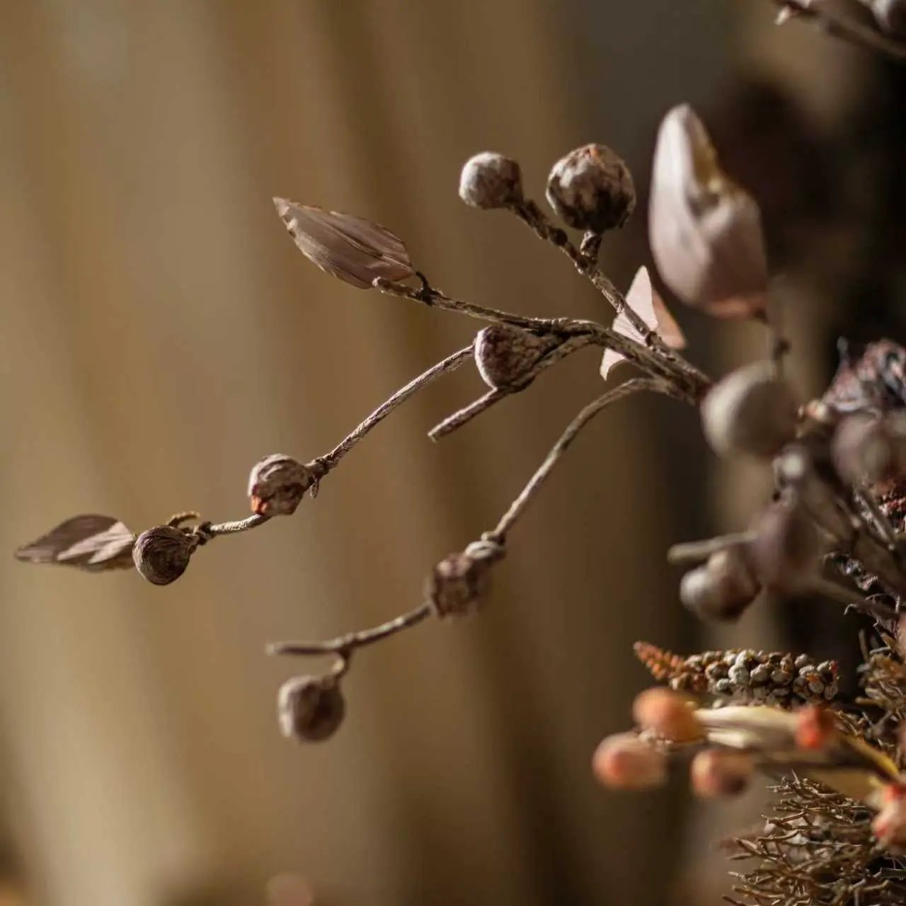 Brown Faux Pod Branch with Leaves 43" Tall by RusticReach