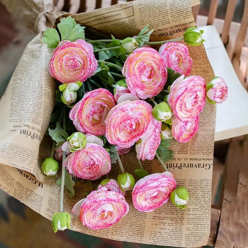 Faux Silk Artificial Buttercup Flower Bundle in Pink Purple 21" Tall by RusticReach