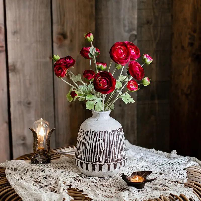 Faux Silk Artificial Buttercup Flower Bundle in Red Burgundy 21" Tall by RusticReach