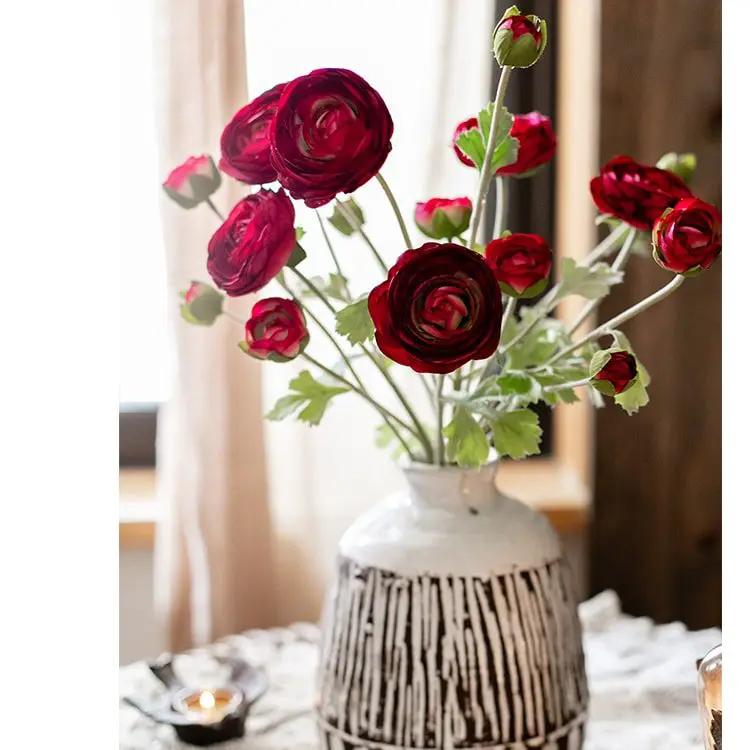Faux Silk Artificial Buttercup Flower Bundle in Red Burgundy 21" Tall by RusticReach