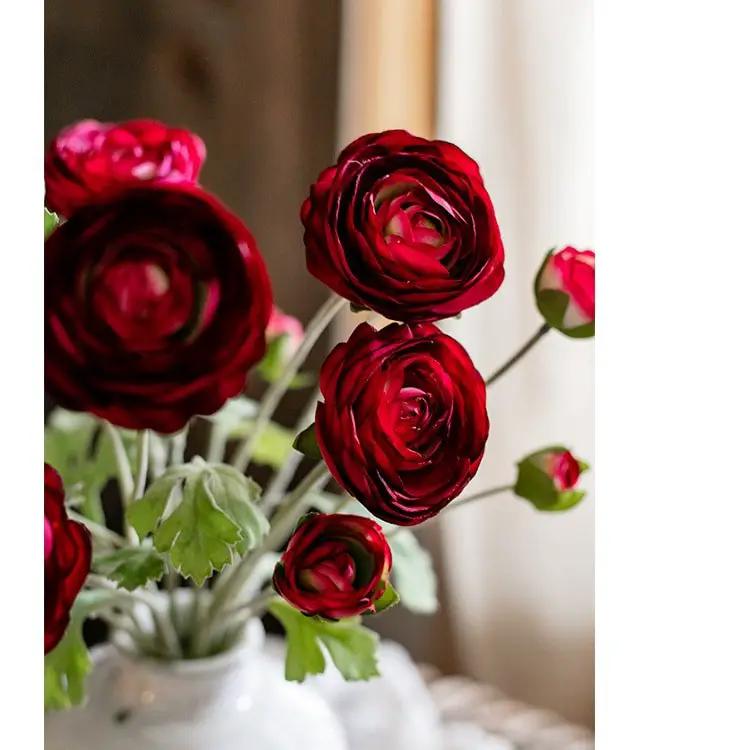 Faux Silk Artificial Buttercup Flower Bundle in Red Burgundy 21" Tall by RusticReach