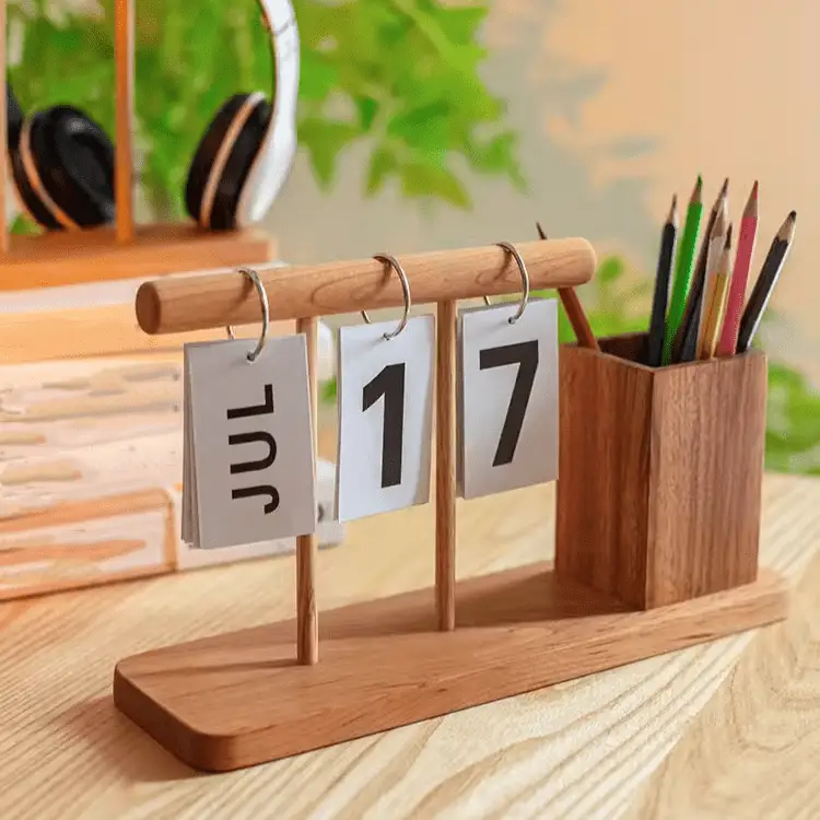 Wooden Desktop Calendar with Pen Holder by RusticReach
