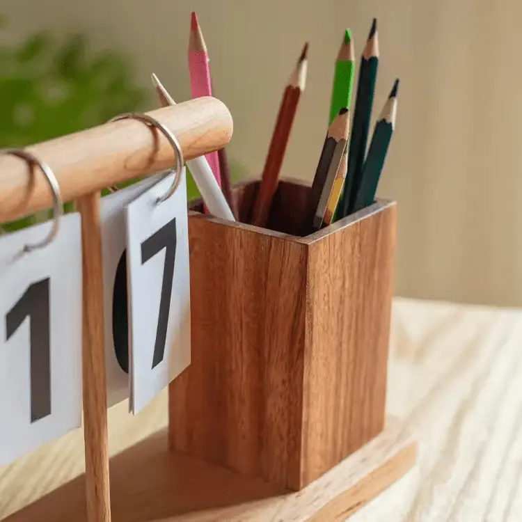 Wooden Desktop Calendar with Pen Holder by RusticReach