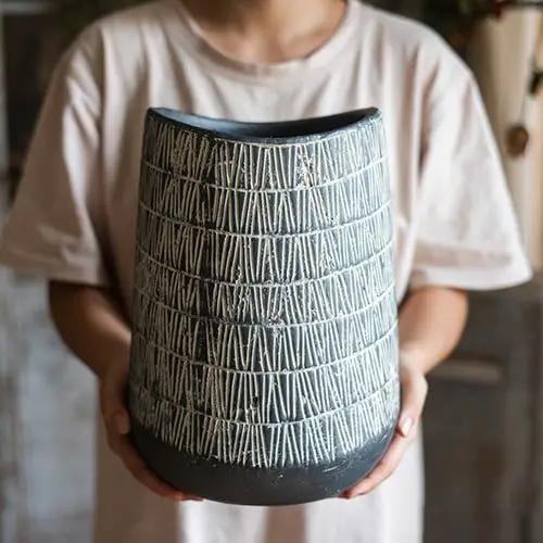 Geometry Line Ceramic Stoneware Flower Pot by RusticReach