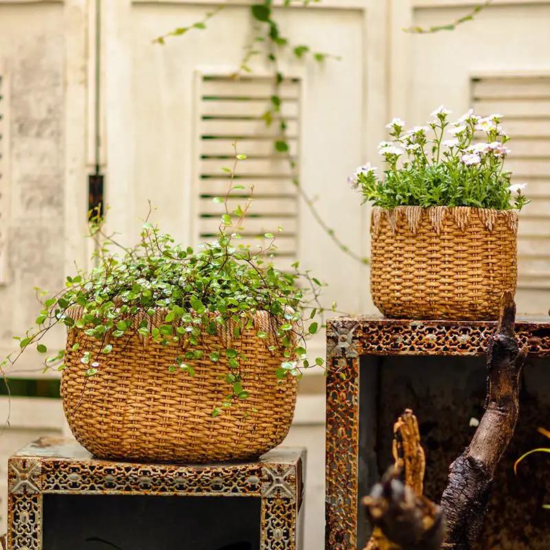 Lady Straw Basket Cement Planter by RusticReach