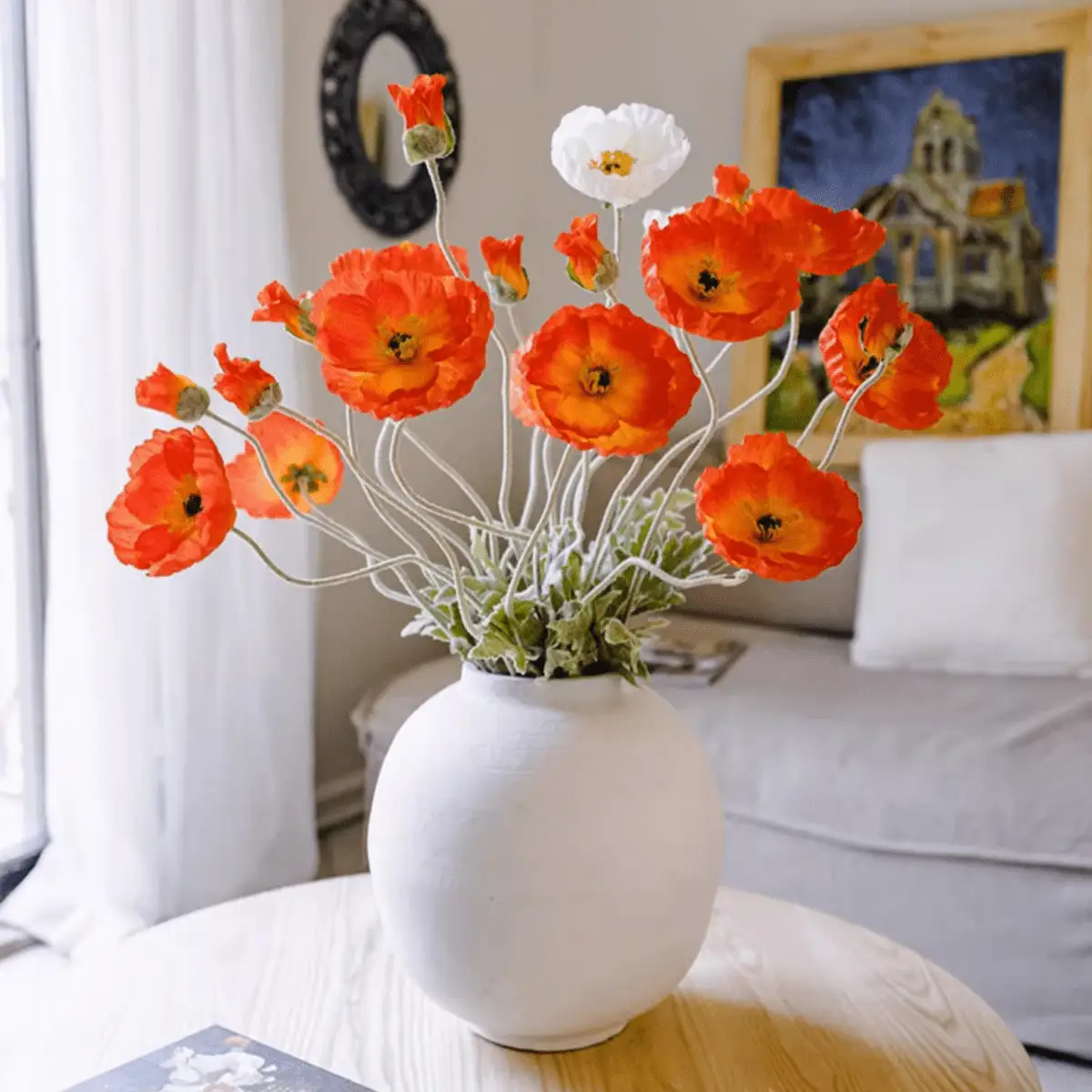 Faux Large Silk Poppy Flower Stem 41" Tall by RusticReach