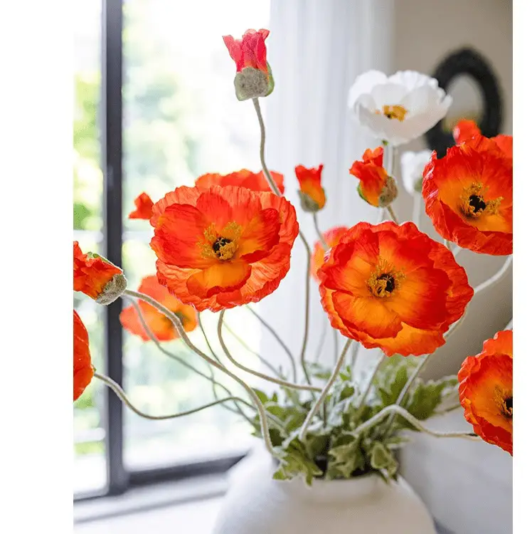 Faux Large Silk Poppy Flower Stem 41" Tall by RusticReach