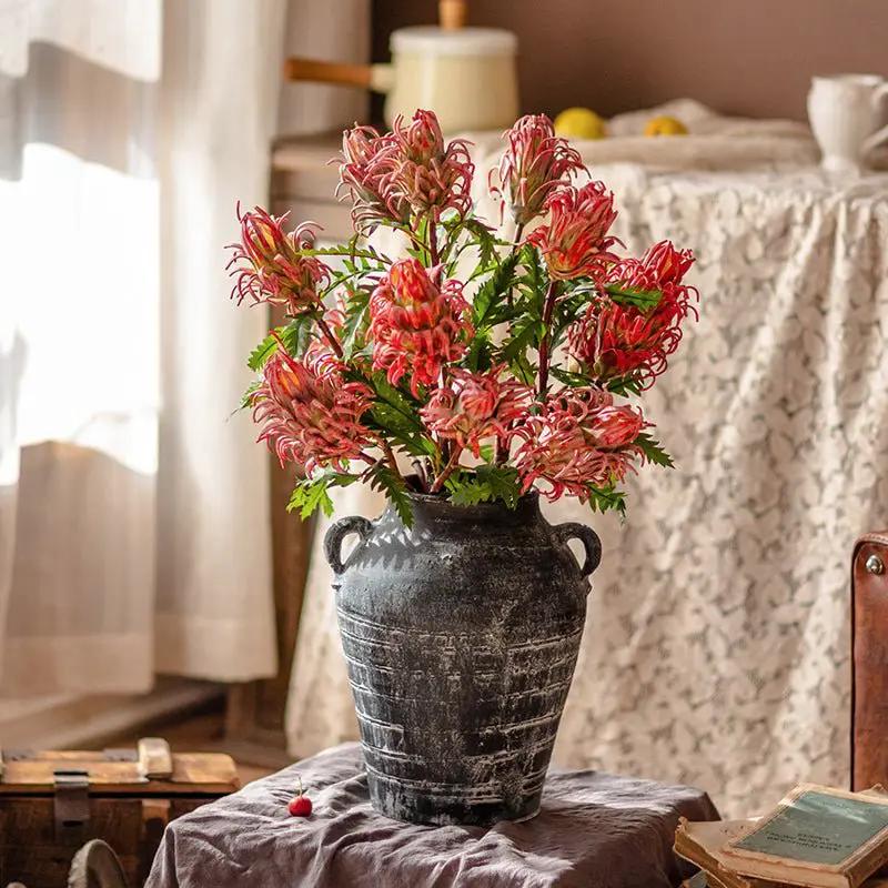 Red Flame Protea Artificial Flower Stem 31" Tall by RusticReach