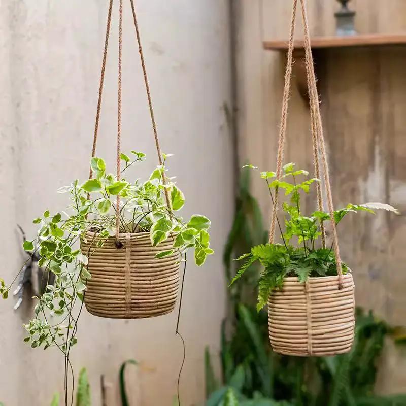 Faux Rattan Cement Hanging Planter by RusticReach