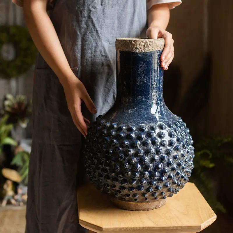 Large South East Asia Navy Blue Domo Coarse Pottery Vase by RusticReach