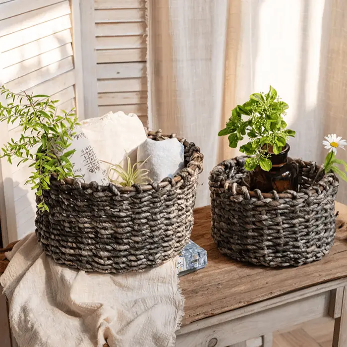 Natural Brown Straw Round Basket by RusticReach