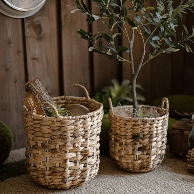 Natural Straw Round Basket with Handles by RusticReach